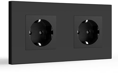 BSEED Enchufe pared, 16A 250V Schuko Enchufe Doble Simple on Panel de Plastico, 2 Gang, Negro