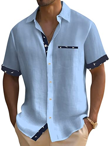 Onsoyours Chemise Homme à Carreaux Manche Courte Coton Lin avec Poche Poitrine Chemise Décontractée Classique Chemisette Homme Lin Chemise Bouton Homme Blouse