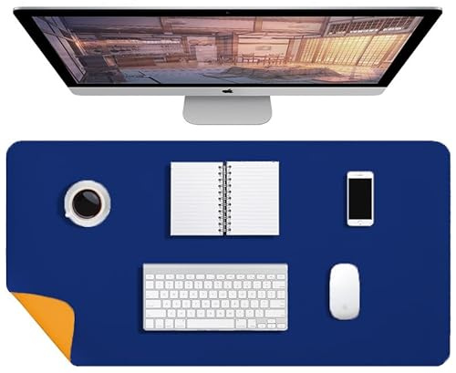 Schreibtischunterlage - 90 x 40 cm Doppelseitig PU-Leder-Schreibtischmatte, Mauspad Groß, Tischunterlage Schreibtisch, Desk Mat, Wasserdichte Antifouling, für Büro und Zuhause (Blau+Gelb)