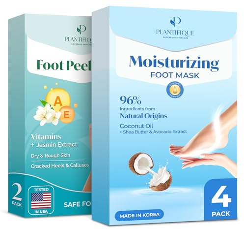 PLANTIFIQUE Maschera Piedi Idratante - Calzini per Piedi Secchi - 4 Paia & Maschera Piedi Esfoliante - Trattamento Calli e Duroni, Peeling Piedi Forte - Vitamine 2 Paia