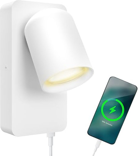 SSC-LUXon NERU Design Nachttischlampe weiß - moderne Wandlampe innen inkl. USB Ladefunktion, Schalter & LED GU10 Lampe warmweiß