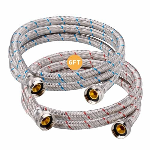 Premium Stainless Steel Washer Hoses, 6 Ft Burst Proof (2 Pack) Red and Blue Striped Water Connection Inlet Supply Lines, Washing Machine Hoses by Wellup