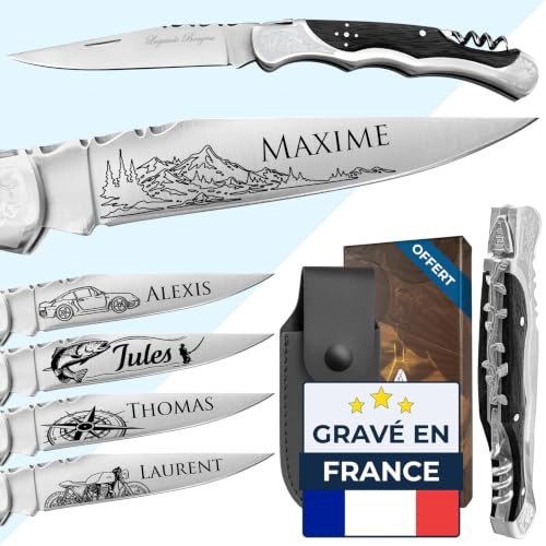 KDO MAGIC Couteau personnalisé Laguiole Noir en inox (tire-bouchon) | Idée cadeau pour homme, papa, fête des pères | Couteau pliant personnalisable gravé avec un prénom