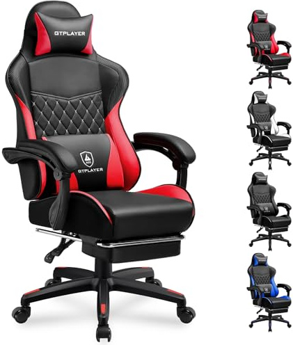 GTPLAYER Gamingstol, gaming stol, ergonomisk höjdjusterbar kontorsstol, lämplig för vinter och sommar, med dubbelt ryggstöd, med fotstöd, avtagbart överdrag och ländryggsstöd röd