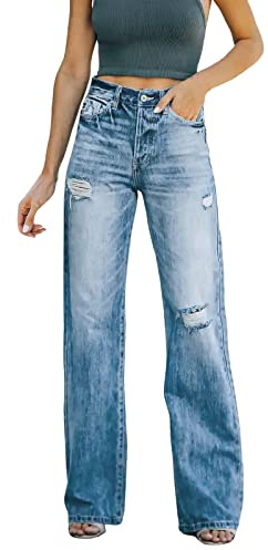 Duohropke Pantalones vaqueros rasgados para mujer, pantalones vaqueros modernos y rectos para mujer, vaqueros rotos, cómodos, con aspecto desgastado, con agujeros, azul, M