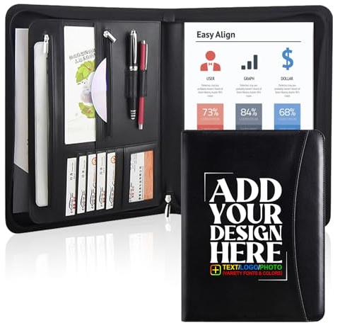 Personalized Padfolio with Zipper - Customized Leather Portfolio with Personalized Logo and Text for Resumes, Interviews, and Professional Business Use, Black