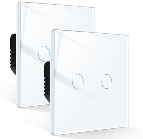 CNBINGO Touch Light Switch 2 Gang 2 Way, Tempered Glass Panel Light Switches with LED Indicator, No Neutral Wire, 2 Pack, White