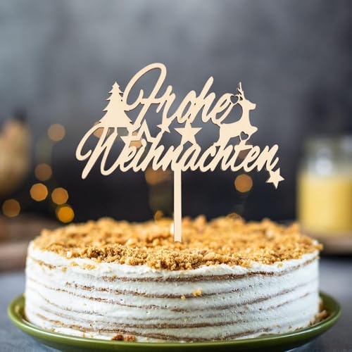 Gleevio Weihnachten Tortendeko,Frohe Weihnachten Cake Topper Holz,Weihnachtsdeko Kuchen 4 mm Dicke,Weihnachts Tortendeko,Merry Christmas Deko Torte mit Weihnachtsbaum, Sternen, Elch,Größe 15x20cm