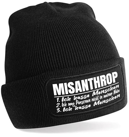 Beanie Strickmütze mit Spruch | Misanthrop - Ich hasse Menschen Ich mag Personen nicht in meiner Nähe | schwarz | Unisex SoftTouch weiche und warme Wintermütze | OneSize Einheitsgröße für Erwachsene