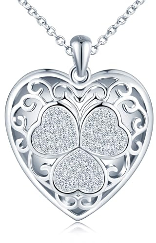 Yumilok Halskette Damen Kette Silber 925 Herz Anhänger Klee Weiß Herz Medaillon zum Öffnen für Bilder
