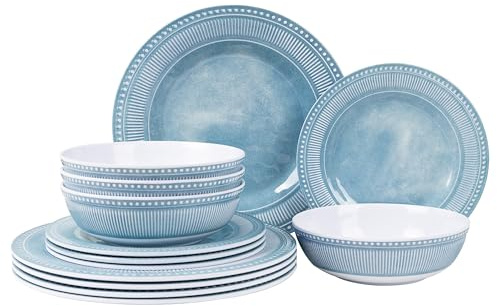 AELS Melamine Dinnerware Set of 12 Pcs, Dinner Dishes Set for Indoor and Outdoor Use, Melamine Plates and Bowls Set for 4, Dishwasher Safe, Lightweight Unbreakable, BPA Free, Blue