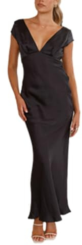 cffvdiz Nero, Estate Satin Dress Sexy Slim Profondo V Senza Schienale Bodycon Maxi Abito