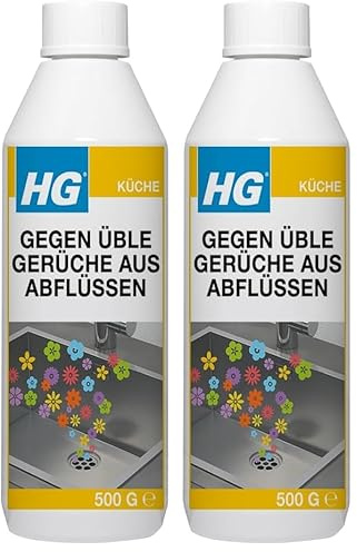 HG Gegen üble Gerüche aus Abflüssen, löst Schmutz und beseitigt Gerüche in Abflüssen, Rohrreiniger für Bad, Küche, Dusche und Waschbecken - 500 g (Packung mit 2)
