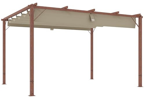 Outsunny Gazebo Pergola 3x4 m con Tetto Scorrevole, Picchetti e Viti, Pergolato da Giardino in Poliestere 180g/㎡ e Alluminio, UV30+, per Patio, Terrazzo, Balcone, Veranda e Esterno, Color Legno
