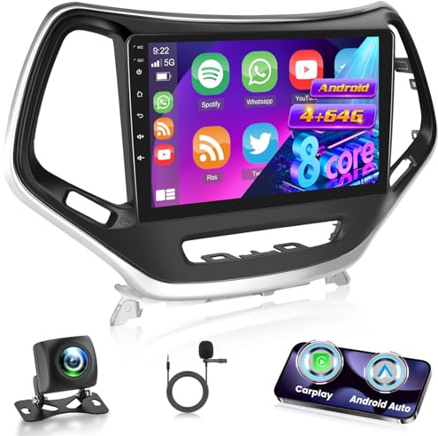 [8 Core Qualcomm 4+64G] Car Radio for Jeep Cherokee 2013-2018 with Wireless Carplay and Android Auto - 10 Inch 1280 * 720 IPS Touchscreen Android Car Stereo - DSP/GPS/WiFi/SWC + AHD Backup Camera