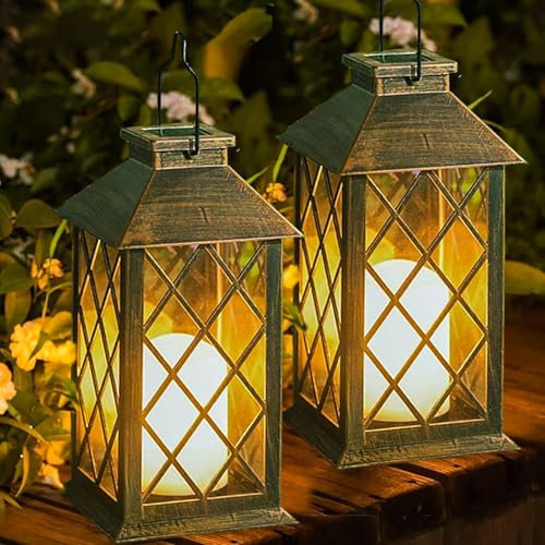 Joycome Solar Lanterns for The Garden, 2 Pack Garden Gifts, Waterproof Outdoor Lanterns with Flickering Flame Candle, Hanging Solar Lights Outdoor for Table Yard Pathway Wall Patio - Bronze