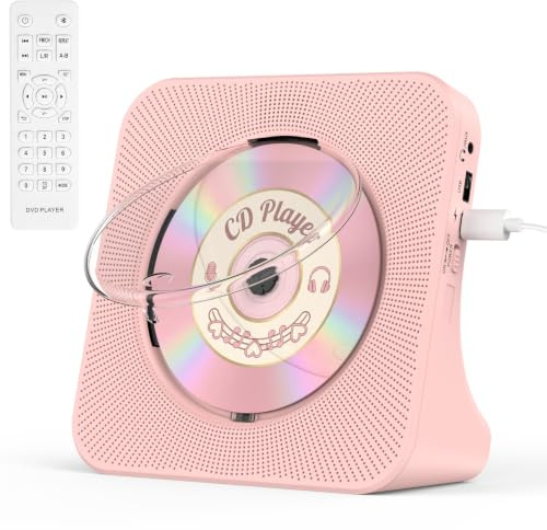KOVCDVI CD Players for Home with Speakers, Bluetooth, Radio Pink | Desktop CD-Player with Remote Control, Dust Cover, Display, Timer, USB AUX Headphone Port