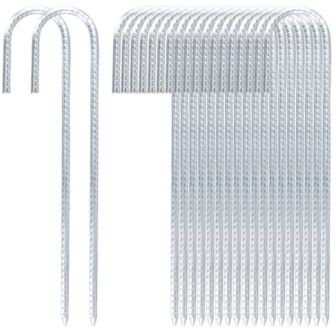 HONYUET 20 Pack 12 Inch J Hook Rebar Stakes, 30cm Steel Tent Ground Anchors Pegs for Football, Camping, Garden, Silver