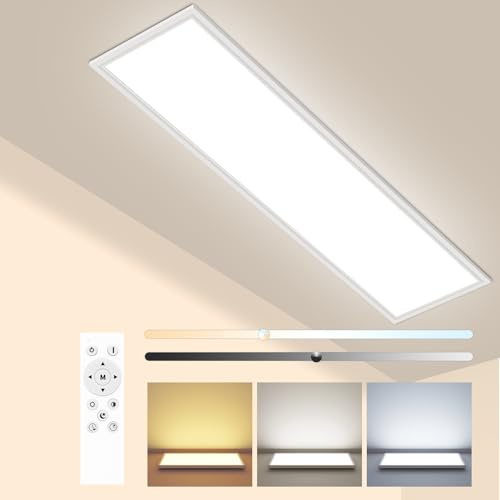 Peasur LED Deckenleuchte Flach 120x30cm 4100LM, Deckenlampe Dimmbar mit Fernbedienung 3000K-6500K, IP44 Küche Deckenleuchte Rechteckig LED Panel für Wohnzimmer Schlafzimmer Badezimmer Keller Büro