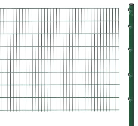 Doppelstabmattenzaun inkl. Pfosten zum Einbetonieren (Höhe: 163 cm, Länge: 8 m) | Doppelstabmatten in Grün | UV- und witterungsbeständig