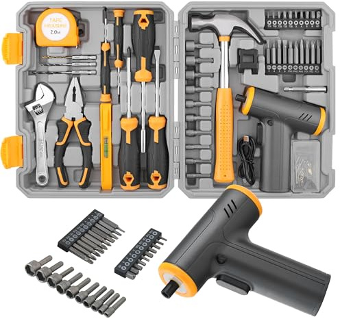 Hi-Spec 4V USB Cordless Electric Screwdriver and Home Tool Kit | Speeds Furniture Assembly, Comfortable Cordless Control, LED Work Light, USB Charging, Organized Storage