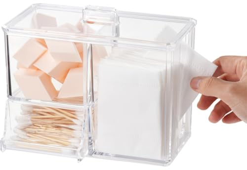 YOFAPA Rechteckiger Qtip Halter mit Deckel 3 Gitter Klarsichtbehälter für Wattebauschen, Make up Pads