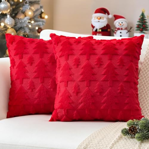 JOTOM Set di 2 Federe per cuscino di Natale, in pelliccia sintetica a pelo corto, decorative, con albero di Natale, per divano, cuscino per decorazioni natalizie per soggiorno, giardino (60x60 cm