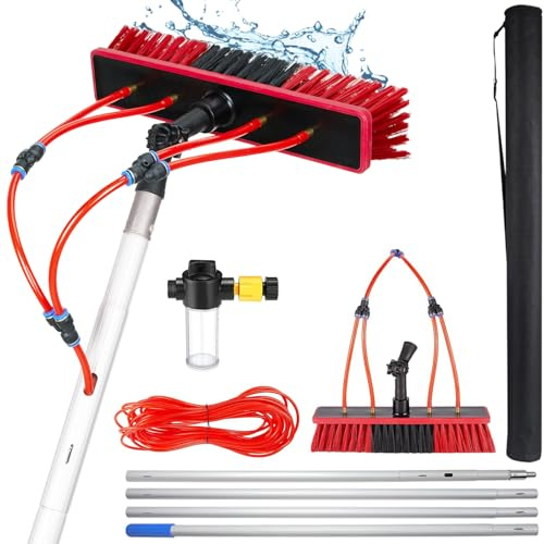 YFSMBD Brosse de Lavage Télescopique 8m avec Raccord D'eau, Réservoir de Détergent et Tuyau de 20m, pour Fenêtres, Installations Solaires, Vérandas, Toit, Camping-cars - 55cm Brosse
