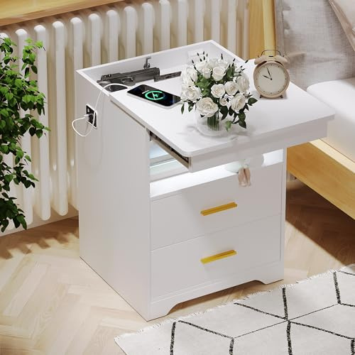 FREDEES Bedside Table with Hidden Drawer, Bedside Cabinet with Charging Station, LED Nightstand with 3 Color Lights, Human Sensor Design End Side Table, White