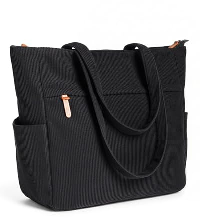 szyanlai Corduroy Tote Bags for Women Large Tote Bag with Zipper Shoulder Bags Handbags for College School Work Shopping Travel (Black, L)