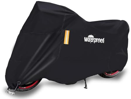 Nasjac Motorcycle Cover, Waterproof Durable Tear Resistant Motorbike Scooter Mopeds Cover All Season Protection from Snow Dust UV with Large Locking Hole Storage Bag for Honda, Yamaha, Suzuki, Harley