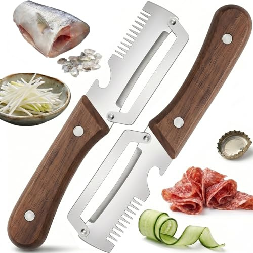 Eplucheur Légumes Multifonction 4 en 1, Econome Legumes et Fruits avec Ouvre-Bouteille, Écailleur à Poisson, Coupe-Ciboulette - Julienne Peeler en Acier Inoxydable (2)