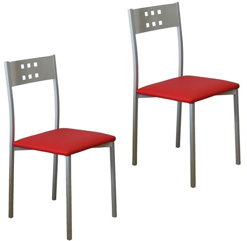 MOMMA HOME Set 2 Sillas de Cocina y salón -Xara - Material Metal Color Plata y Asiento en Cuero sintético - Medidas 41 x 47 x 86 cm. (Rojo)