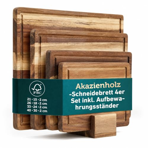 Schneidebrett Holz 4er Set aus massiver Akazie – Holzschneidebrett groß 40x30 cm / 33x24 / 26x18/21x15 cm, mit Saftrille, 2 cm dick, Küchenbrett Holz (4er Set)
