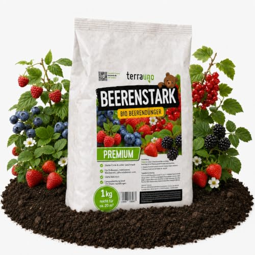 TerraUno Beerenstark Beerendünger Bio 1 kg, für Erdbeeren, Himbeeren, Heidelbeeren & Johannisbeeren, Langzeitdünger für eine starke Ernte, Organischer Volldünger Granulat