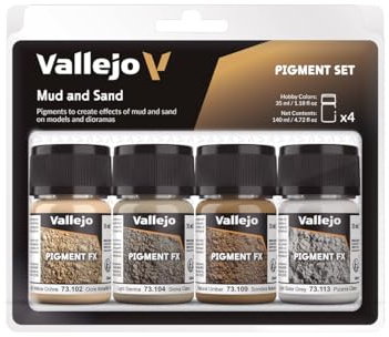Vallejo Pigment FX Set de Pigmentos Efectos Barro y Arena - 4 synthetische Farben à 35 ml für realistische Darstellung von Erde und Sand in Modellen und Dioramen. Inklusive Anleitung.