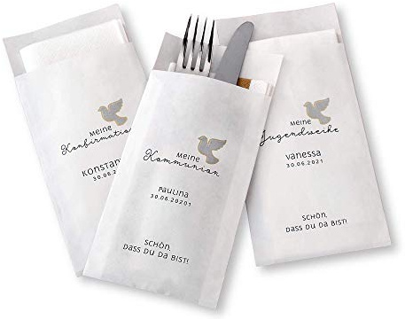 Bestecktasche Serviettentasche personalisiert fü r Kommunion, Konfirmation, Jugendweihe, Taufe mit Friedenstaube Staffelpreisrabatt