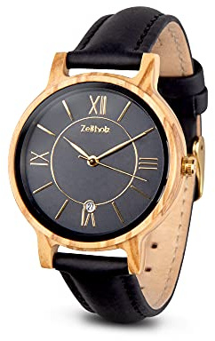 Zeitholz Holzuhr Damen, Armbanduhr, Lederband Blau, Analog, Quarz, Neue Rosenbach Kollektion 36mm, Naturholz mit Japanischem Quarzwerk. Eine Aussergewöhnlich Vielseitige Damenuhr