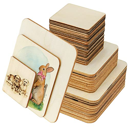 Meetory 42 Stück Unbehandelte Holzplatten zum Basteln - Unbehandelte Holz Untersetzer Quadrate Holzbrett Basteln für DIY Handwerk, Pyrographie Kunst, Laser Gravur, Schnitzen, Malen (10cm, 8cm, 5cm)