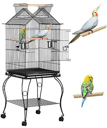 Yaheetech Jaula para Pájaros de Acero Inoxidable, Negro, Jaula con Ruedas Soporte Comedero 59 x 59 x 145 cm