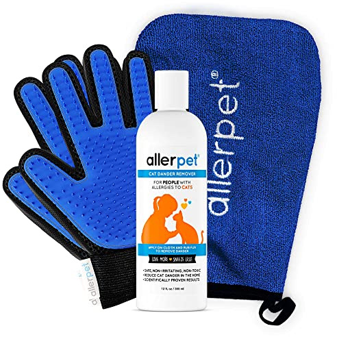 Allerpet Katzenschuppenentferner mit gratis Paar Fellpflegehandschuhen und Handschuppen, effektive Reduzierung von Katzenschuppen, Anti-Allergen-Lösung, hergestellt in den USA, 340 ml
