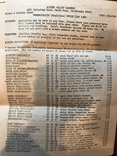 Hemerocallis Daylilies Price List 1982