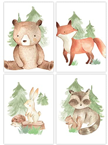 Pandawal Kinderzimmer Babyzimmer Waldtiere Bilder Deko Natur Poster Set 4er Tiere für Kinder Junge I Mädchen DIN A4