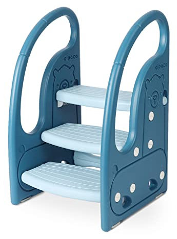 Onasti Tritthocker für Kinder, Dreistufiger Höhenverstellbar Tritt-Schemel Kinderschemel für Baby, Bequemer Handslauf, Multifunktion, Anti-Rutsch, Ab ca. 1.5 bis ca. 6 Jahre -, (Blau)