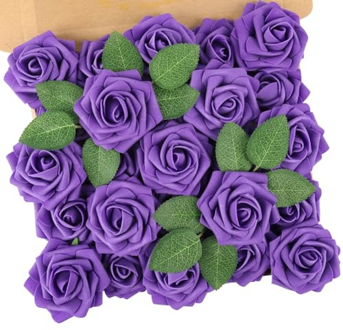 N&T NIETING Künstliche Blumen Rosen, 25 Stück Deko Blumen Fake Rosen mit Stielen DIY Brautjungfer Brautsträuße, Valentinstag, Muttertag, Hochzeitsfeier, Babyparty, Zuhause Dekoration, Dunkellila