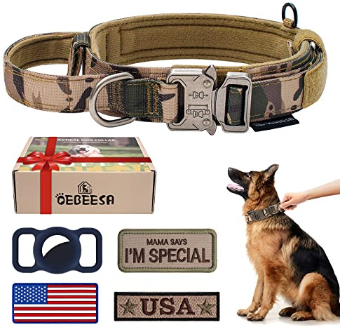 OEBEESA Tactical Dog Collar Adjustable Military Collar: - Nylon K9 Collars with Handle and Heavy Duty Metal Buckle for Medium and Large Dogs with 3 Patches and Airtag Case Holder (XL, Camo)
