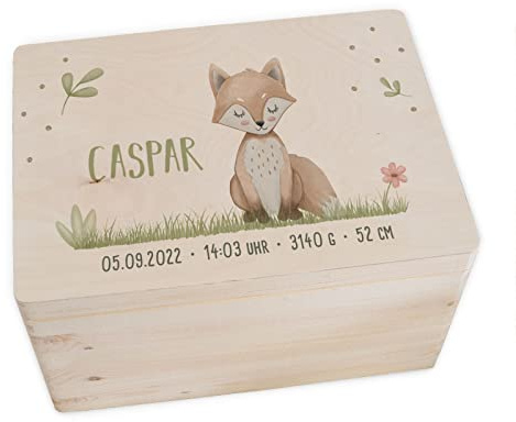 hellomini Personalisierte Erinnerungsbox Baby - Erinnerungskiste mit Namen aus Holz - Geschenk zur Geburt für Mädchen & Jungen - Babygeschenke (Fuchs, L: 40x30x23cm)