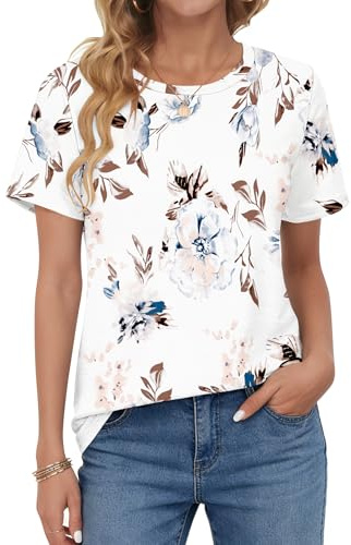 WNEEDU T-shirt dam kortärmad t-shirt sommartoppar rund hals, Blommig vit, XL