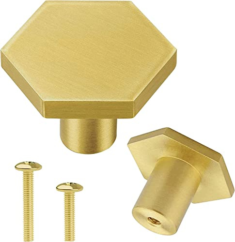 Vandicka 4 Stück Möbelknöpfe und Griffe aus Massivem Messing, Goldene Schubladenknöpfe Schubladengriffe, Sechseckige Türknöpfe für Schrank, Kommode, Kleiderschrank, 35 x 20 mm