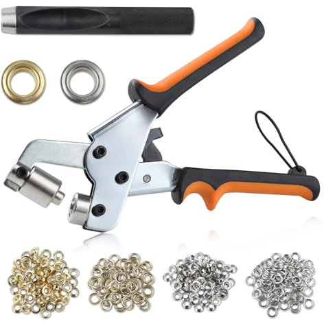LEONTOOL Ösen-Werkzeug-Set, tragbares Handpress-Tüllenzangen-Set, Ösenzange mit 500 Metallösen und Ösen für Stoff, Leder, Segeltuch, Plane, Banner (Gold und Silber, 10,5 mm)
